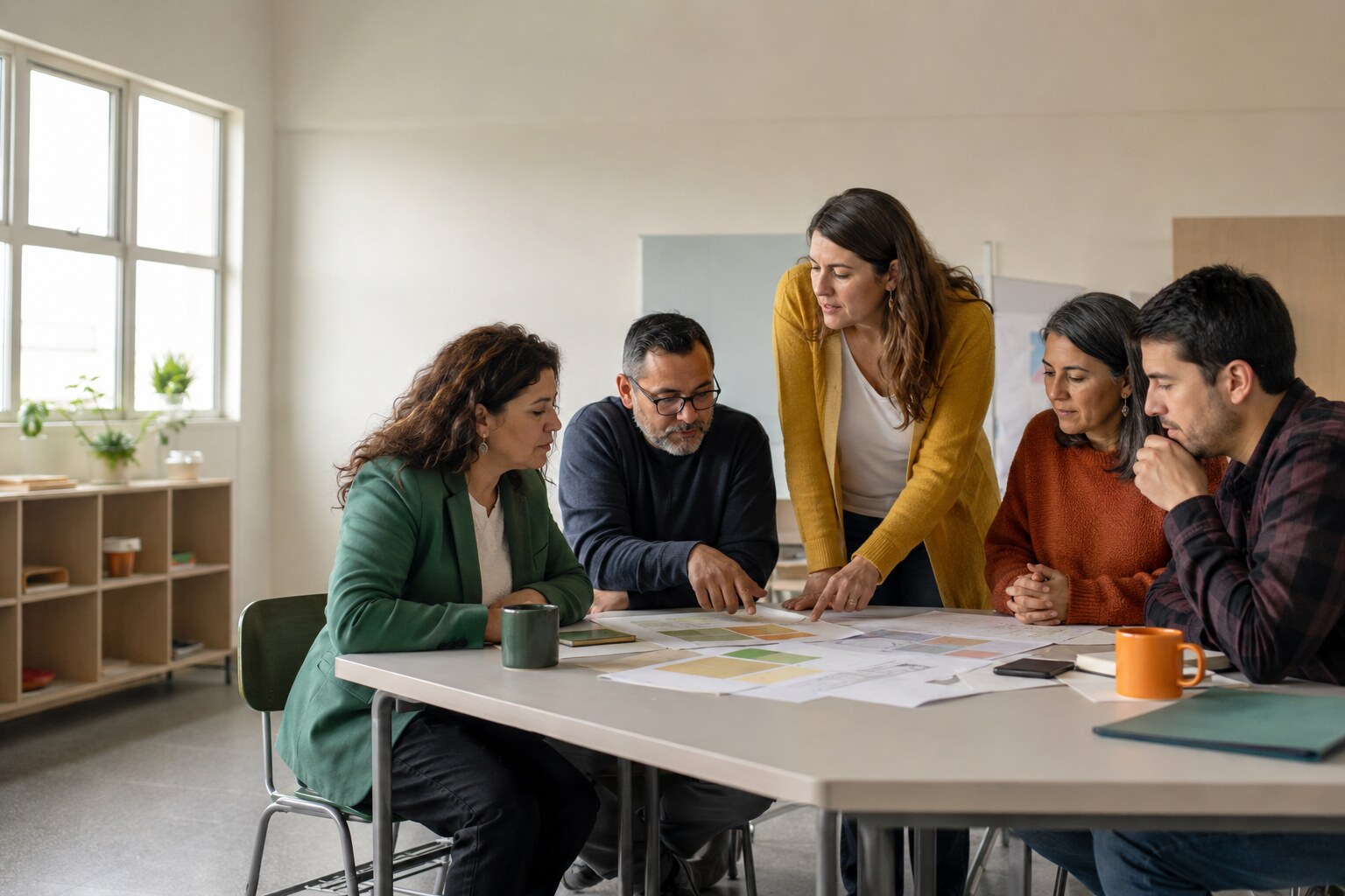 Equipo directivo y docentes revisando un plan educativo en una escuela chilena